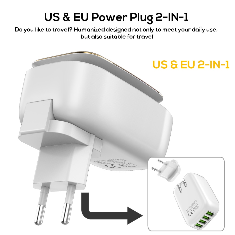 Chargeur USB à 3 ports LED, 5V, 3,4 a (Max), adaptateur 2 en 1, pour téléphone portable, avec Auto-ID EU & US, compatible avec iPhone Samsung