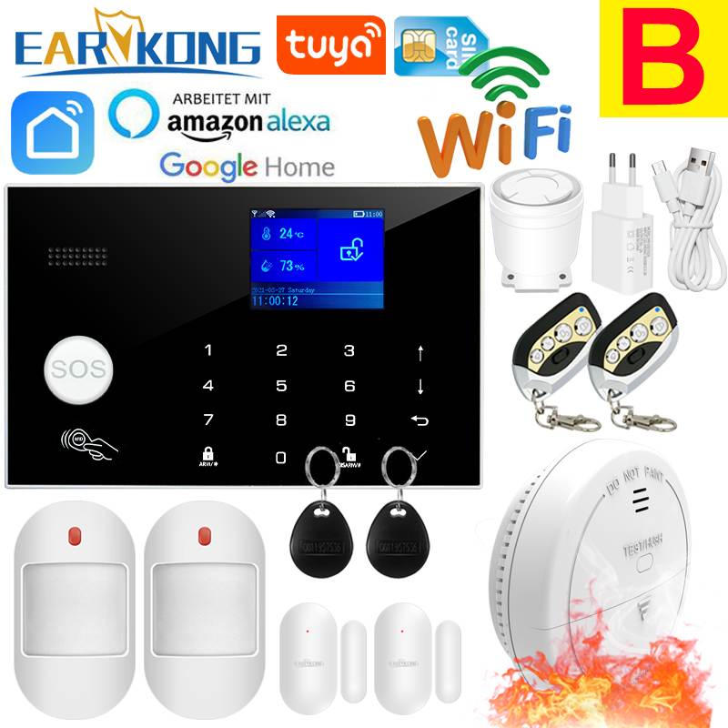Wifi GSM Alarmsysteem 433 MHz Thuis Inbreker Beveiligingsalarm Draadloze bedrade detector RFID Touch-toetsenbord Temperatuur Vochtigheid Alexa: Donkergrijs