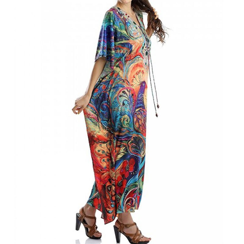 Kaftan Strand Lange Katoenen Tuniek Bohemian Gedrukt Losse Zomer Jurk Gewaad Plus Size Vrouwen Beach Wear Swim Suit Cover up Q1044