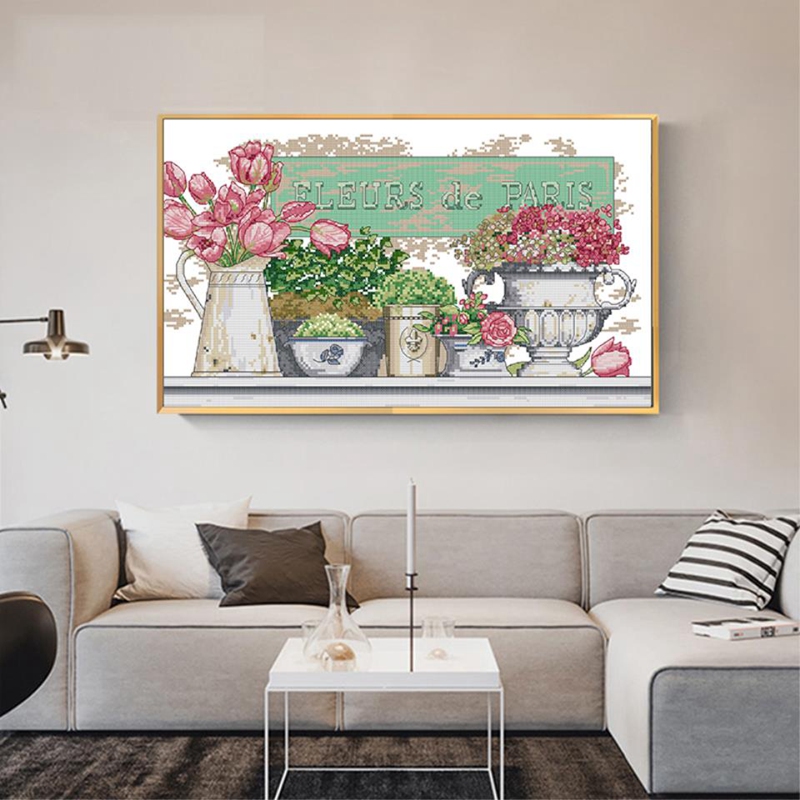 Cross Stitch Stamped Kits 14CT Printed Embroidery Cloth Needlepoint Kits Easy Patterns For Vase And Flowers