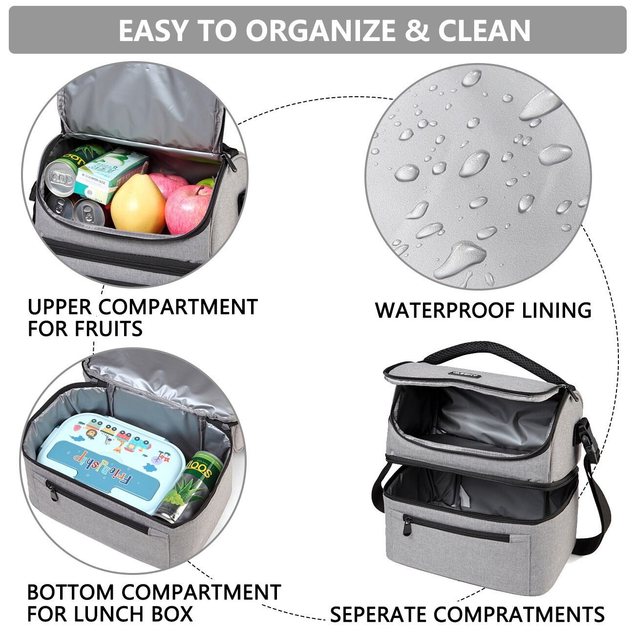 VASCHY-fiambrera aislante para hombre y mujer, bolsa enfriadora a prueba de fugas, con doble compartimento, para el almuerzo, con 14 latas, color gris