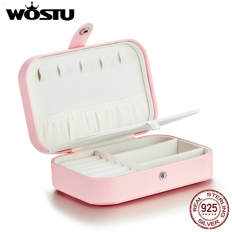 Caja de joyería Wostu, joyero de cuero PU multifunción rosa, caja de almacenamiento, anillo, estuche de exposición, caja de almacenamiento para mujer, caja FH0065