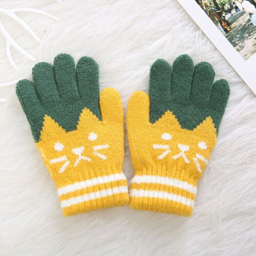 Cat Splice Mittens Winter Baby Boys Girls Knitted Gloves Warm Rope Full Finger Mittens Gloves for Children Toddler Kids: YELLOW