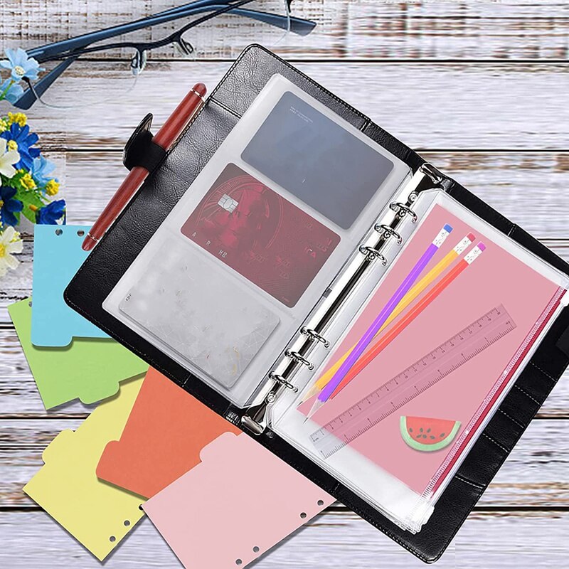 PU Notebook Binder Budget Planner, A6 Notebook with 44 Pages Loose-Leaf Filler Paper,Cards