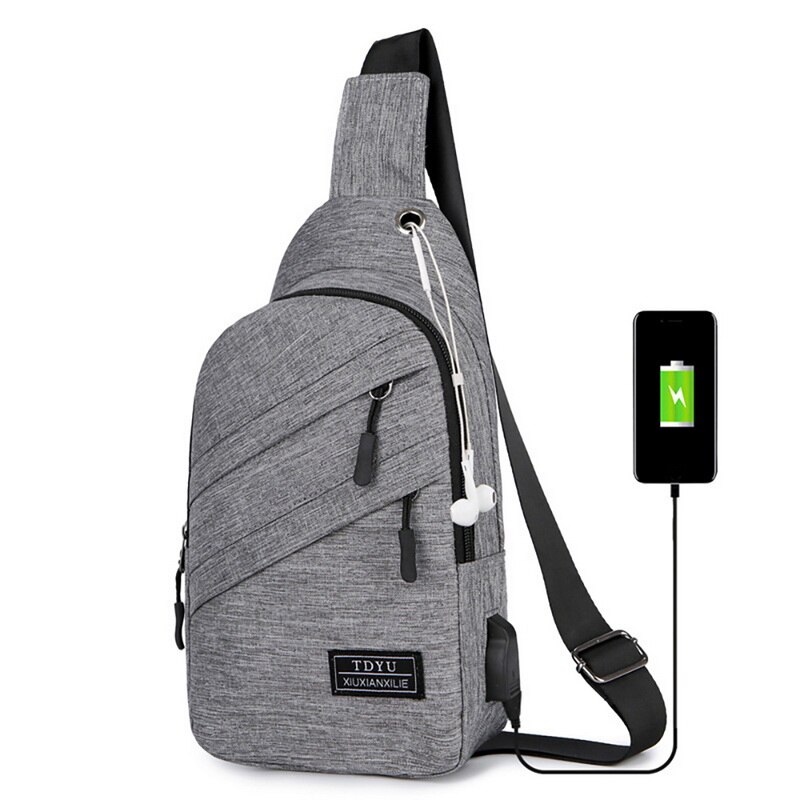 Men Crossbody Bag Waterproof Chest Bags with Headphone Hole USB Charging Port Outdoor Travel Shoulder Bags Anti-theft Pack: Gray