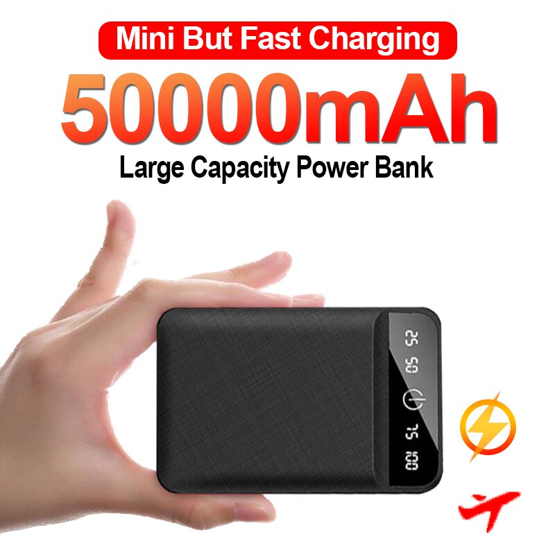 50000mAh Mini Power Bank Two-way Fast Charging Mirror Screen Digital Display External Battery for iPhone Samsung Huawei Xiaomi