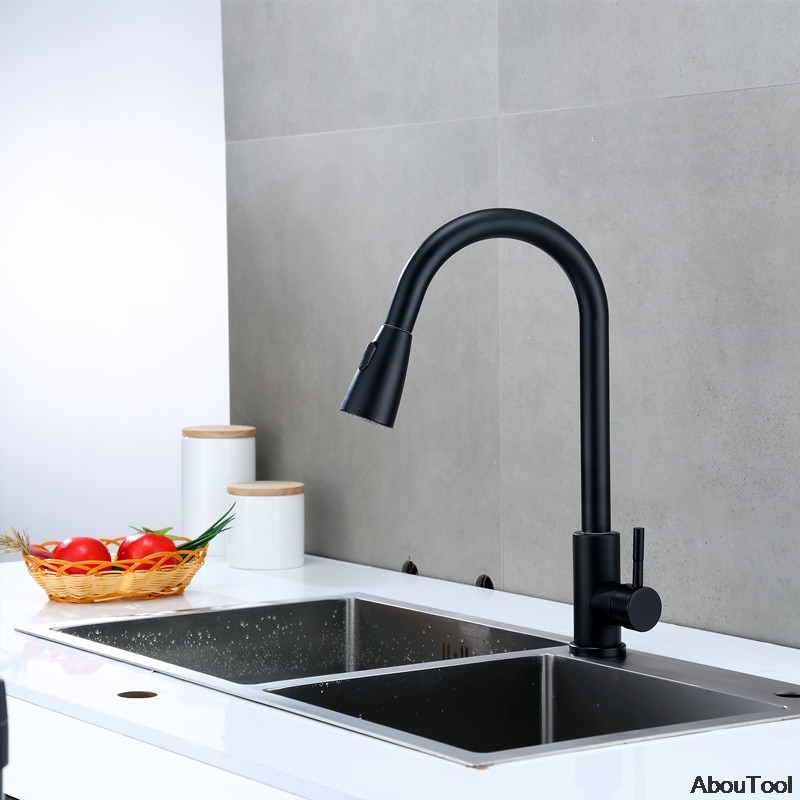 Keukenkraan, zwarte metalen hoge wastafelkranen, koudwaterkraan, torneira roestvrijstalen badkamerkraan, wastafelkraan, waskraan, huis