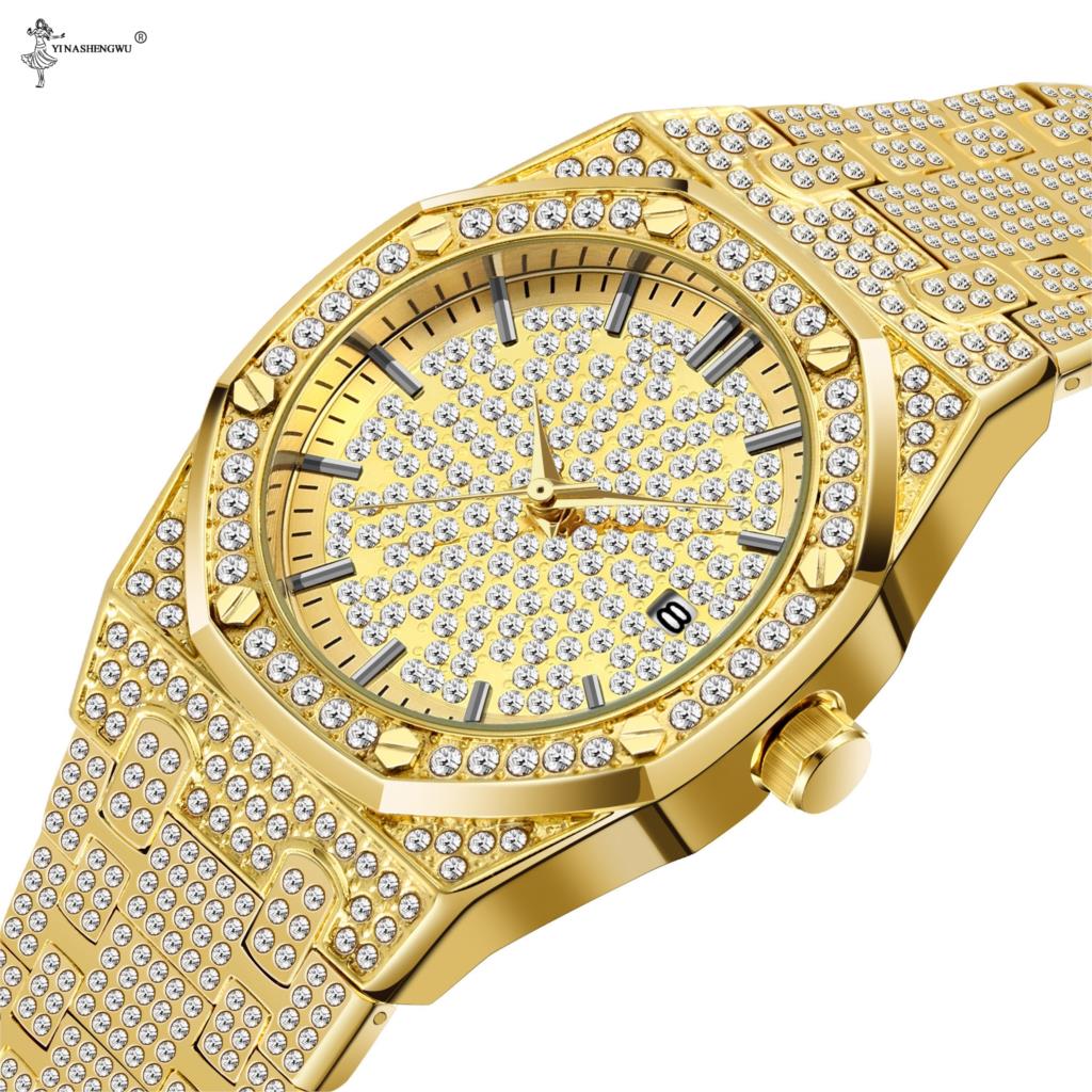 18K Gold Iced Out Lab Steentjes Luxe Rvs Analoge Quartz Waterdicht Minnaar Horloge Set Relogio masculino