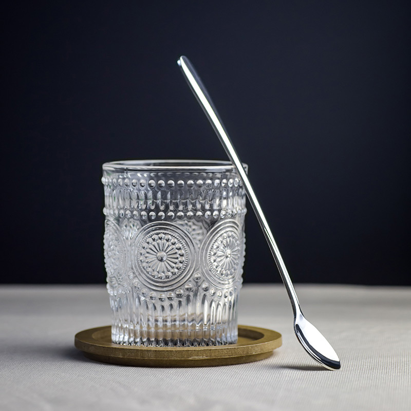 Retro gravyrglas rund liten solblomma relief juiceglas transparent zakka mjölkkopp 300ml handblåsta