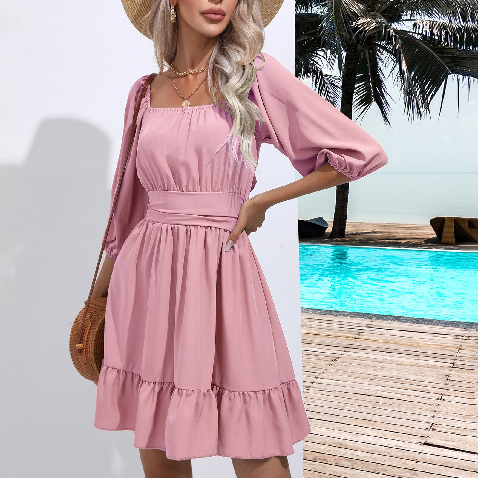 Summer Women Dresses Square Collar Bohemian Ruffles Elastic Above Knee Mini Dress Half Sleeves Vintage Gothic Dress Vestidos: XL / Pink