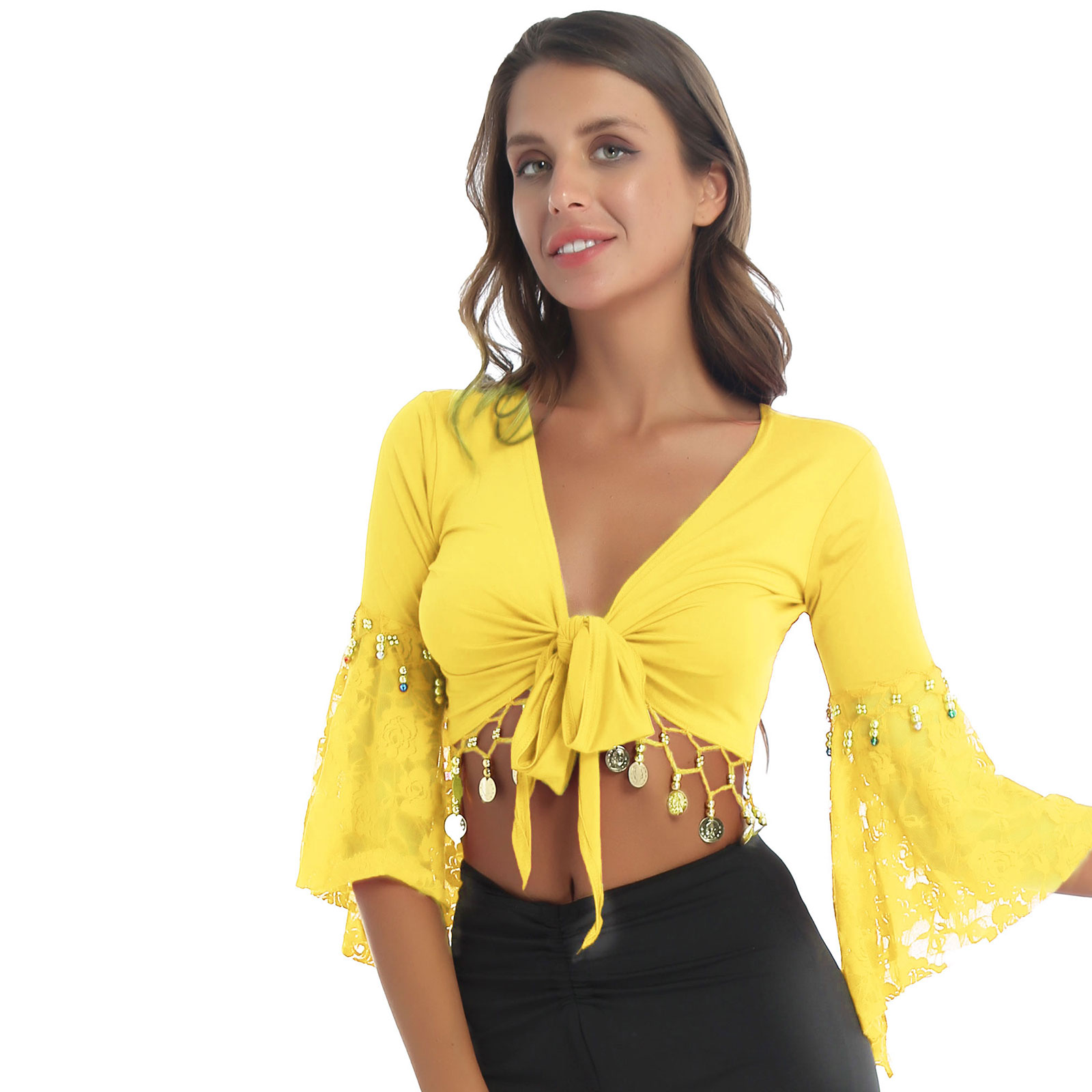 Vrouwen Kwastje Buikdans Top Sexy Pailletten Bra Crop Tops Vrouwelijke Mode Bel Kraal Kant-Up Praktijk kleding Vest: XL / MULTI