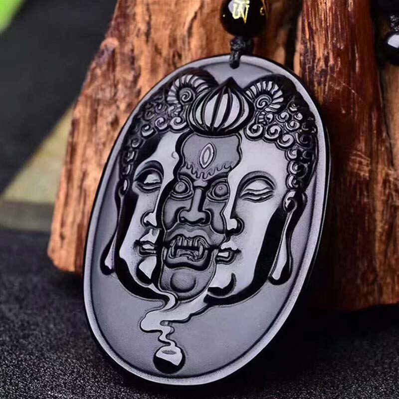 Buddha and Devil Carving Obsidian Necklace Pendant Men's Pendant With Chain Black Jade Jewelry