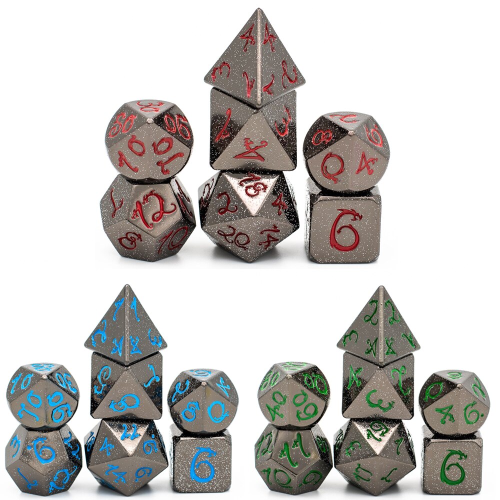 Cusdie Silber Pulver Metall D & D Würfel mit Drachen Schrift, 7 Stck DND Würfel, polyedrisch Würfel einstellen, für Rolle Spielen Spiel MTG Pfadfinder
