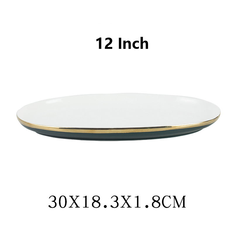 Nordic Stijl Groene Keramische Goud Inlay Diner Plaat Steak Food Lade Servies Rijke Soepkom Fruit Dessert Servies Set: 12Inch Fish Plate