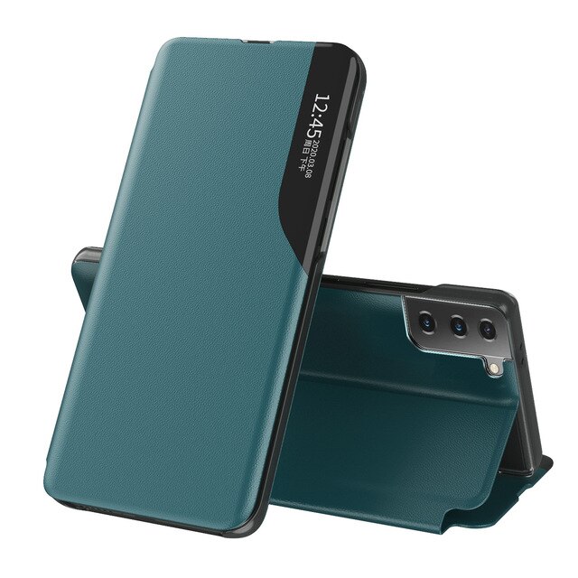 Couro do plutônio smart view flip capas caso para samsung galaxy s21 ultra s 21 plus 5g magnético suporte livro coque s21ultra s21plus s21 +: for galaxy s21 plus / green