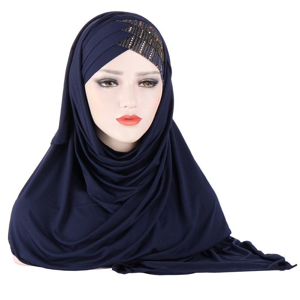 One Piece paillettes donne musulmane Hijab Amira copertura completa foulard sciarpa scialle lungo turbante velo Khimar copricapo arabo islamico: NavyBlue