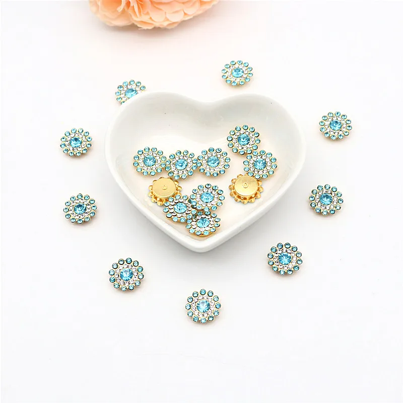 Taladro de flor de sol de 14mm, placa facial redonda cosida a mano, hebilla de taladro hecha a mano, accesorios de cuentas de lazo Diy, diamantes de imitación de doble flor: Láser brillante / M