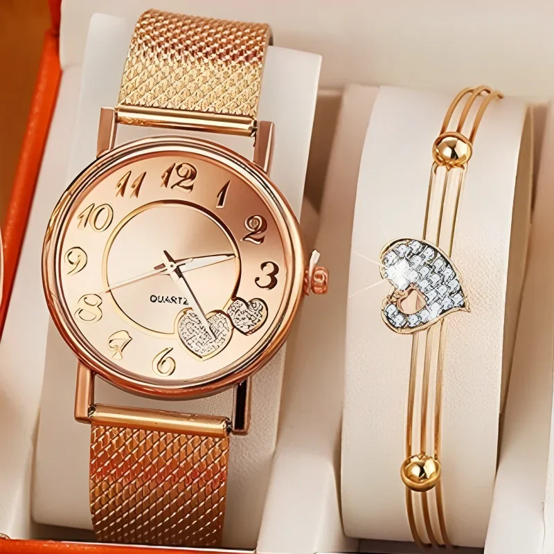 Elegante Rose Gold Herz Zifferblatt Uhr Weibliche Einfache Temperament Schüler Wasserdichte Weibliche Hochrangige Weibliche Luxus Uhren Frauen