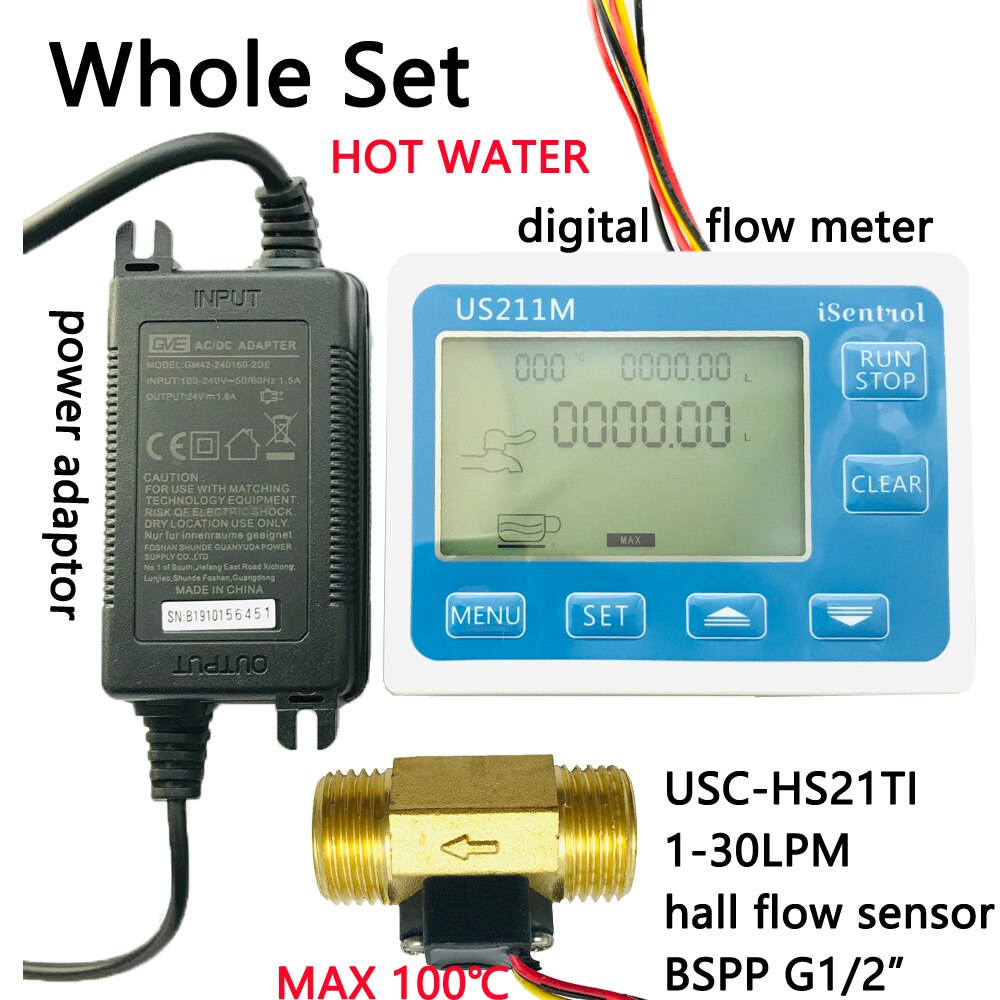 Water 100C US211M Waterhoeveelheidmeter Digitale Hall Aanvoervoeler Reader Met Messing USC-HS21TI 1-30L/Min Flowmeter turbine: whole set