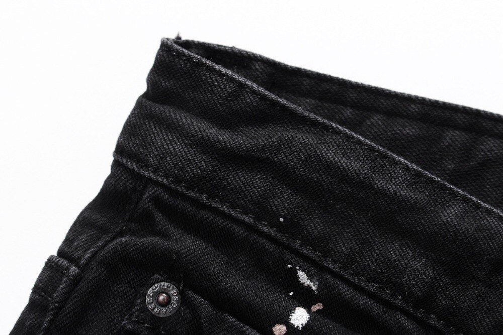 Style européen américain hommes Denim jean célèbre droite fermeture éclair mince noir trou jean crayon pantalon pour hommes