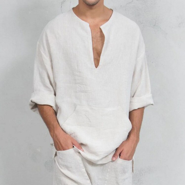 Effen Chinese Stijl Kleding Voor Mannen Lange Mouw Linnen Kung Fu Outfit Leisure Losse T-shirt Tang Tops Oosterse Kostuums Shirts: White / XXL