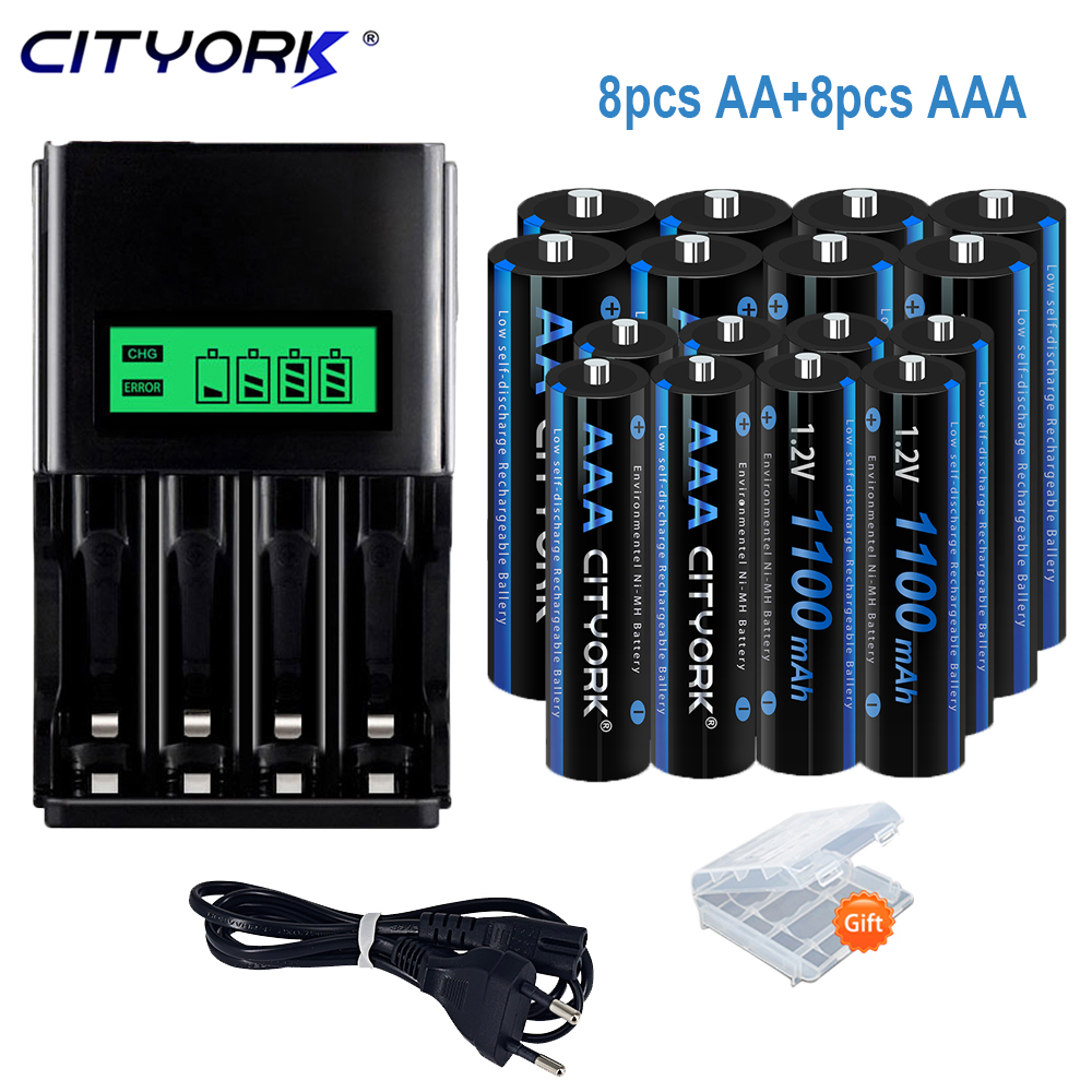 CITYORK 1,2 V AA + AAA baterías recargables AA 3000mAh AAA 1100mAh aa 2A batería aaa nimh y LCD 1,2 V AA AAA cargador: Negro
