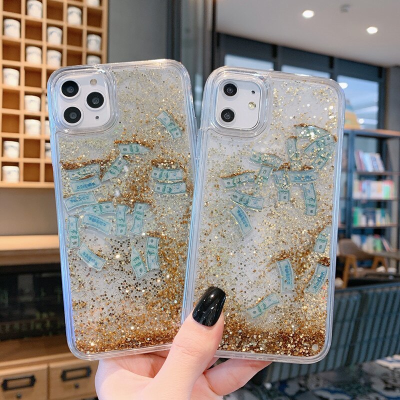 Quicksand Shining Dynamic Dollar Liquid Phone Case For iPhone 7 8 Plus XR XS Max 11 Hard PC Bling Glitter Back Cover Coque Capa