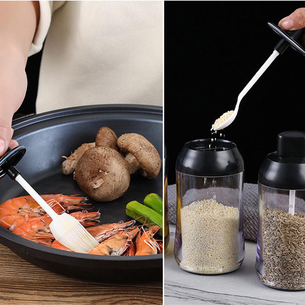 Spice jar oil bottle bee jar covered spoon integrated oil brush bottle Serving Spoon, Storage Canister, Clear Condiment Food @40