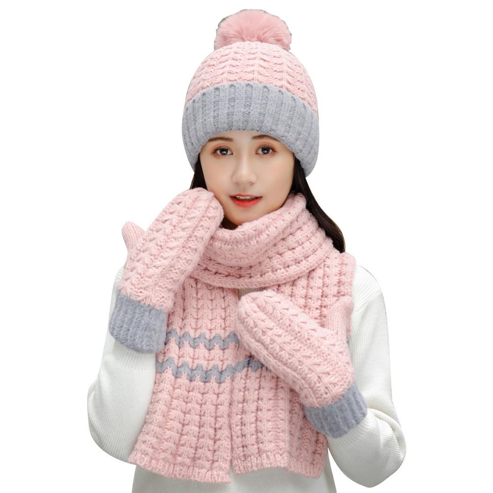 Winter Women's hat and scarf gloves three pieces Girl 'S Hat Wool Hat Beaine Female Cap and scarves Gloves set pink Color