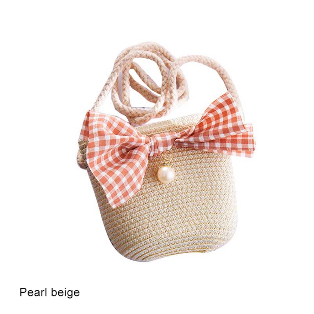 Girls Mini Handbag Handmade Straw Tote Large Capacity Summer Beach Shoulder Bag Party Shopping Best -WT: beige  pearl