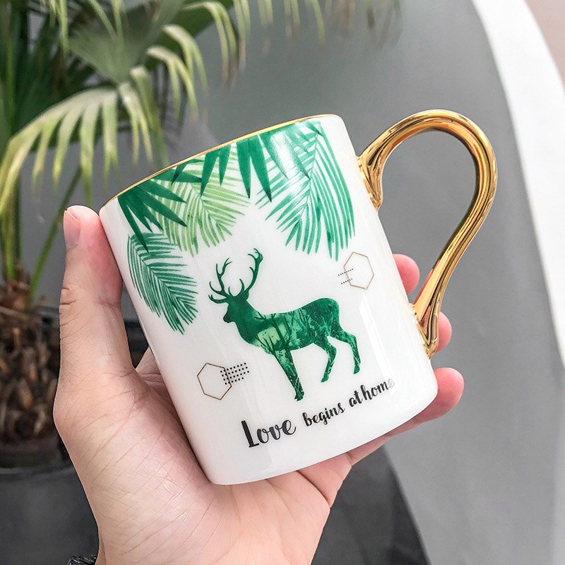 Gullhåndtak keramisk krus, personlighet tropisk plante mønster kaffekopp kontor virksomhet te krus drinkware krus: 02