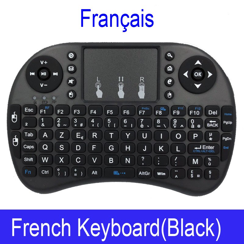 I8 mini trådløst tastatur 2.4 ghz engelsk arabisk russisk hebraisk qwerty tastatur med touchpad til android tv box laptop mi: Fransk / Med baggrundsbelyst