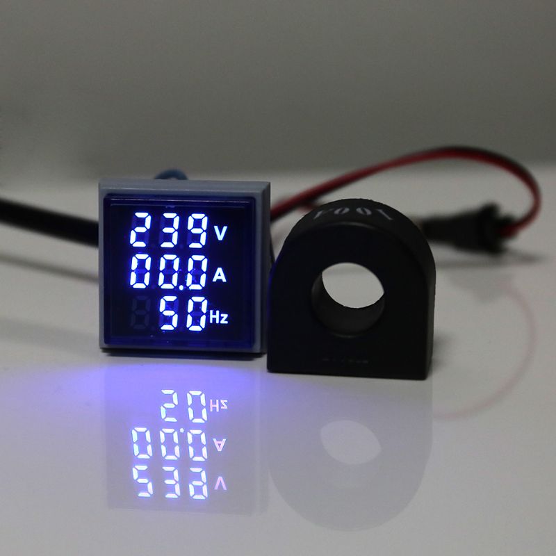 Digital 3in1 AC Ammeter Voltmeter Hz Current Frequency Meter Square Signal Light 22mm Digital Voltage Amp Hz Led Lamp Indicator: Blue