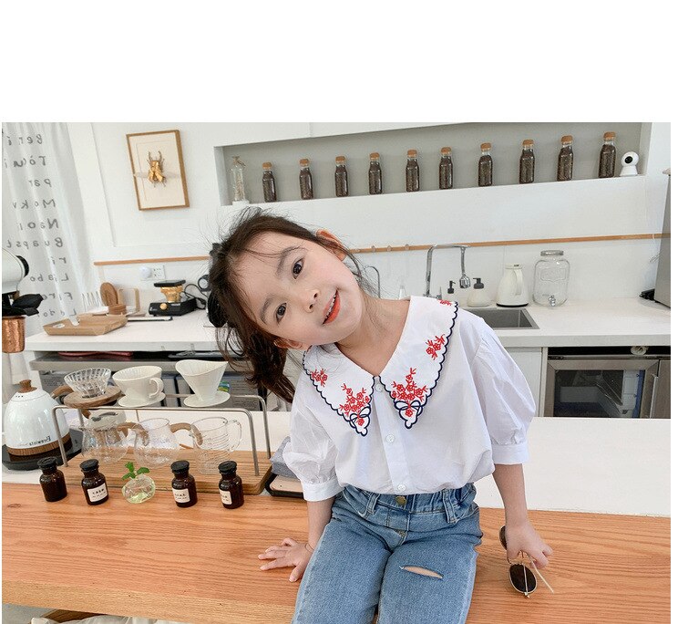 Camisa de algodón Floral para bebé, blusa con cuello vuelto con bordado de flores para niña pequeña, Tops de manga corta a cuadros de algodón para niño, ropa