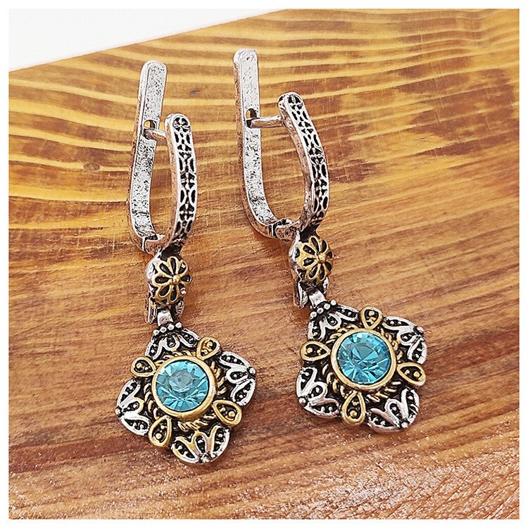 Engraved Flower Ethnic Earrings For Women Silver Color Indian Style Dangle Earrings Trendy Charm Metal Earrings Jewelry