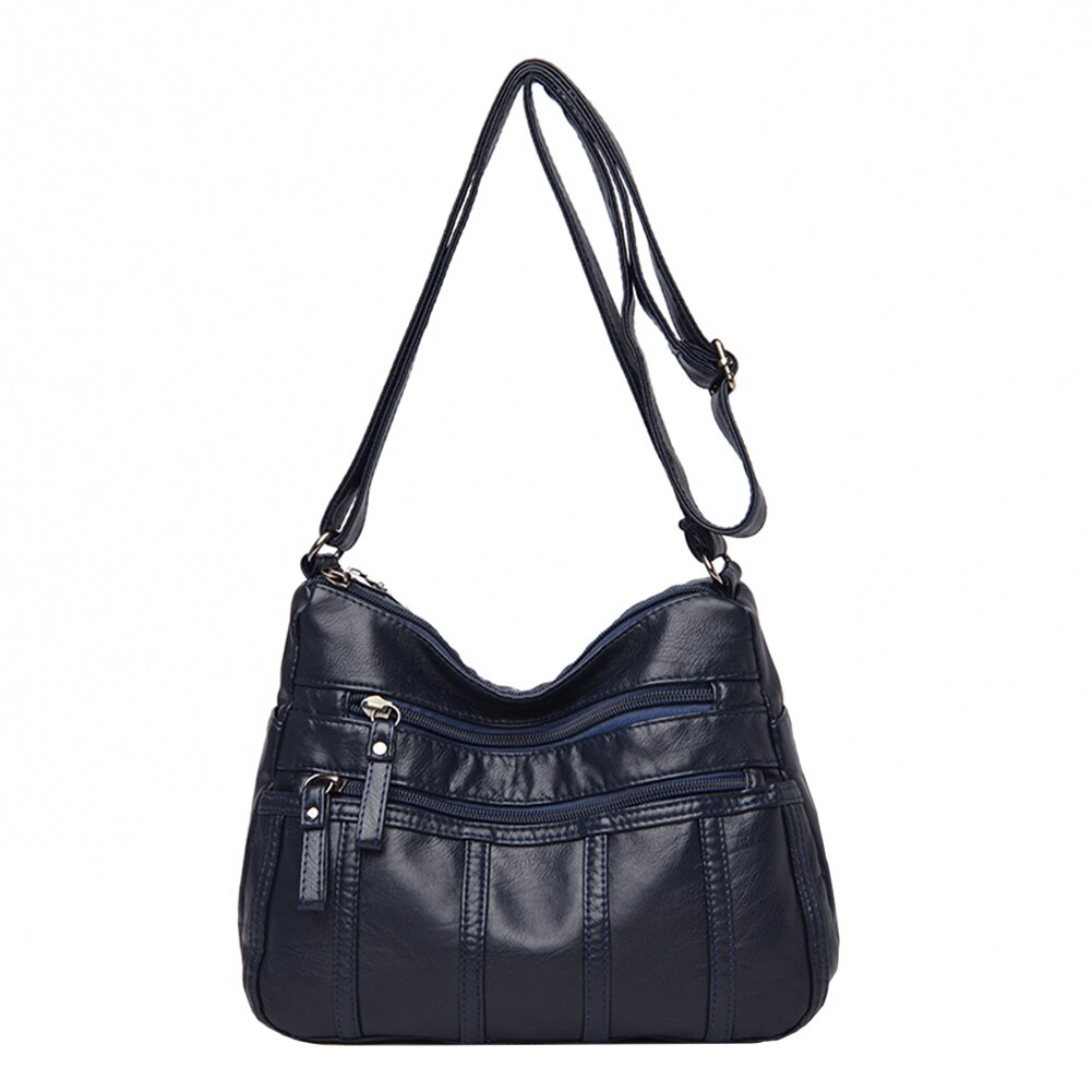 Solid Crossbody Bag Casual Women PU Shopping Street Shoulder Bags Large Capacity Multi-zipper Mother Top-handle Handbags: Dark Blue B