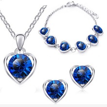 QiLeSen Fine jewelry 925 sterling silver for ladies wedding peach heart blue suit necklace earrings bracelet set yw033