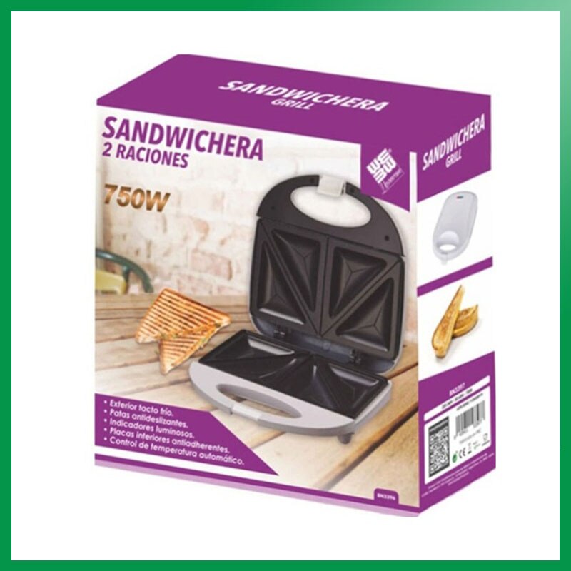 Mini Cocina Portatil Sandwichera Eléctrica Planchadora Bocadillera Cuadrado 2 Rebanadas Maquinas para Desayuno Rapida Potente Resistente Antiadherente Limpieza Parrilla Asar Panini 750W
