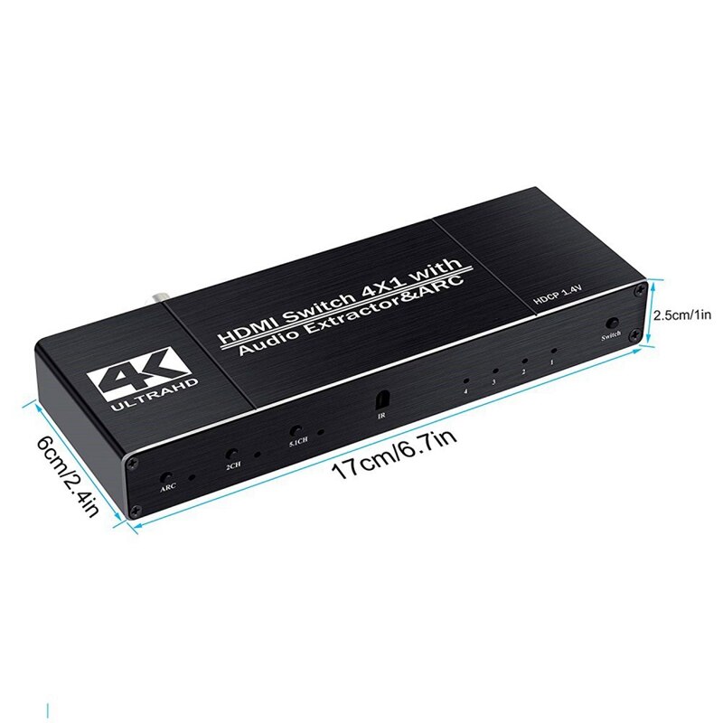 Hdmi switch 4k @ 60hz 4 in 1 ud med fjernbetjening/o optisk, hdmi splitter med o udtræksstøttebue