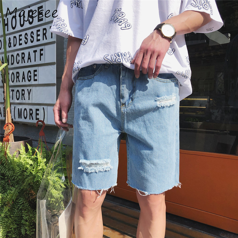 Harajuku sommer menn fritidsshorts denim herre kort hull rett løs tynn knapplomme mannlig koreansk stil trendy
