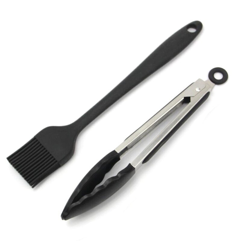 2pcs Silicone Food Tong Basting Brush Set Oil Brush Kitchen Tongs BBQ Grill Clip Meat Salad Cake Sauce Brush Barbecue Clip Tools