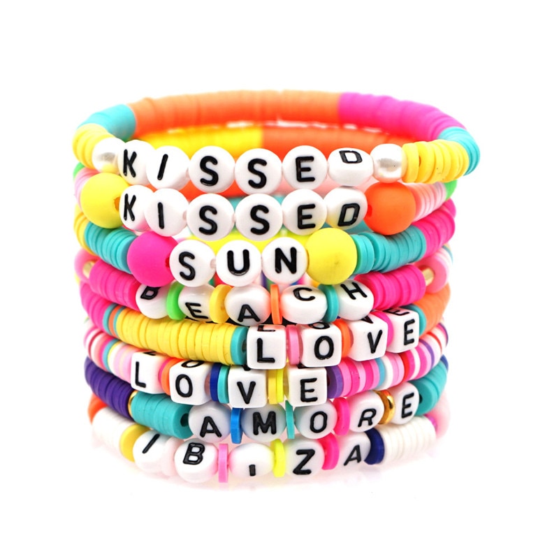 Handmade Summer Beach Bracelet Bangle For Men Women Couple Jewelry Colorful Letter Polymer Clay Beads Bracelet Boho