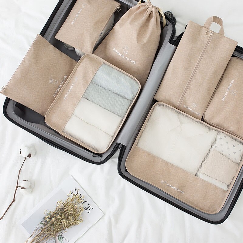 Bagage Organizer Verpakking 7 stks/set Reizen accessoires kit Mesh organizer Verpakking Cube Kleding ondergoed Schoen sorteren tassen: Beige