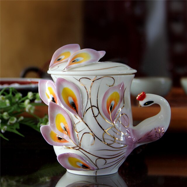 1 stk emalje porcelæn påfugl kaffekop keramiske kopper 3d farve kontor kaffe te sæt & te kop: D