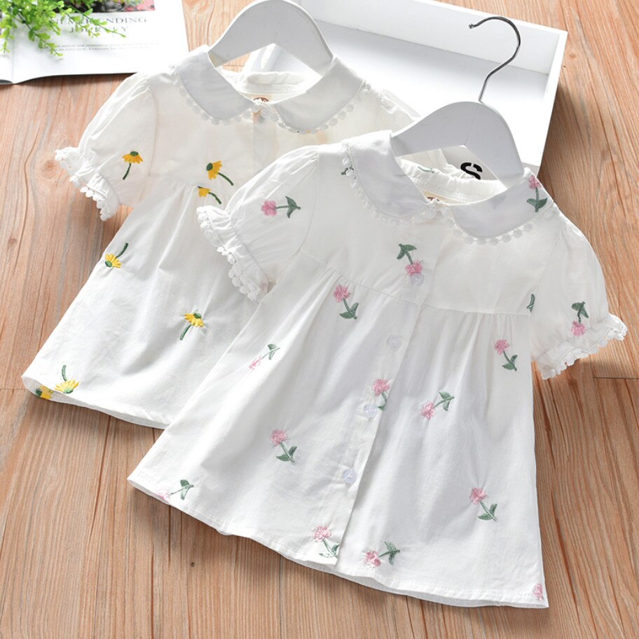 Leuke Meisjes Shirts Lente Zomer Kinderkleding Baby Meisje Bloem Borduren Zoete Korte Mouw Blouse Tops Kids