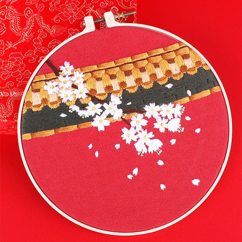 Chinese Flower Printed Embroidery kit with Hoop for Beginner Cross Stitch Needlework Swing Art Craft Painting Home Decor