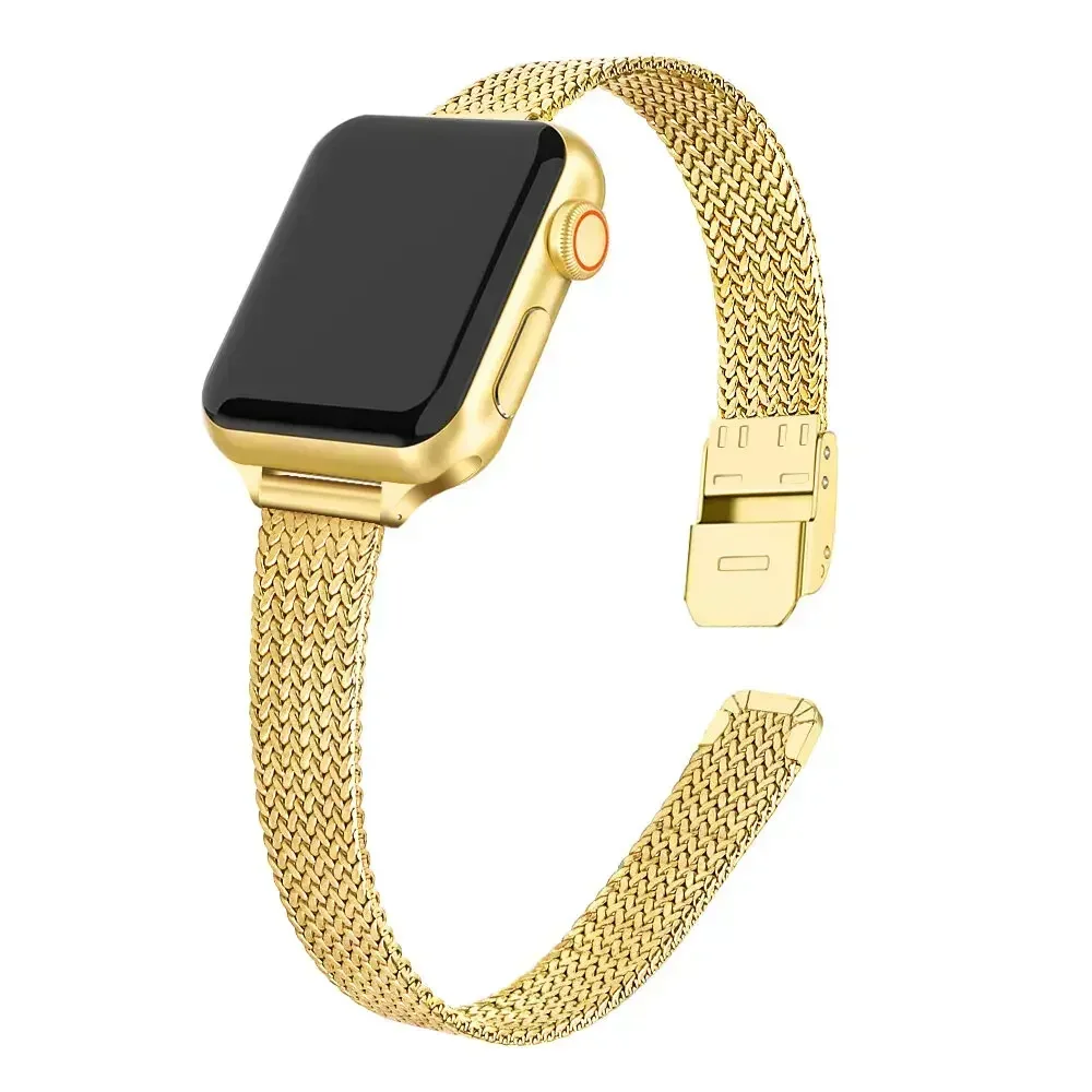 Slanke armband metalen band voor Apple Watch 9 8 7 6 SE 5 4 3 41 45 49MM Ultra roestvrijstalen Milanese band voor iwatch 10 42 46MM: XXL / Goud