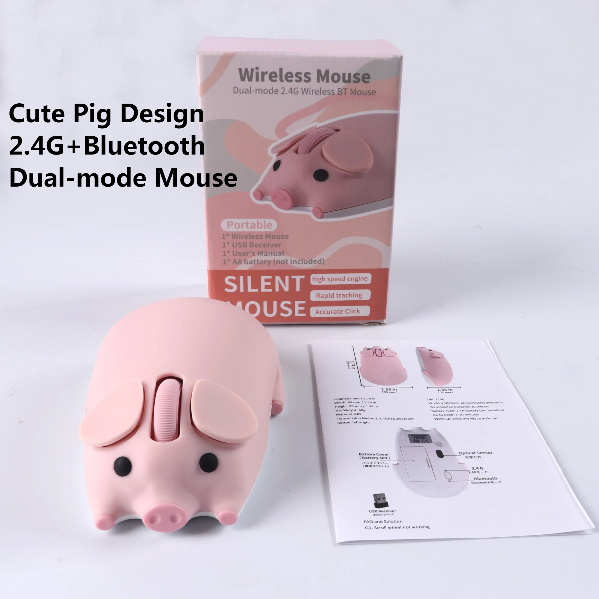 Dessin animé cochon souris d'ordinateur double 2.4G + Bluetooth mignon ergonomique souris optique jeu ordinateur portable PC universel pour fille