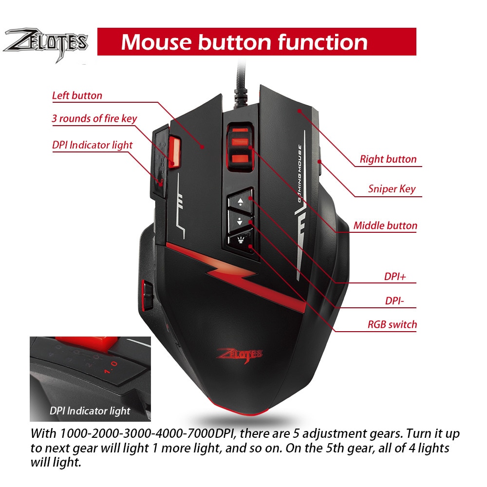 Zelotes C15 computer mouse hand game Gaming Mouse 7000 DPI 13 Programmable Buttons Weight Tuning Cartri gaming mouse