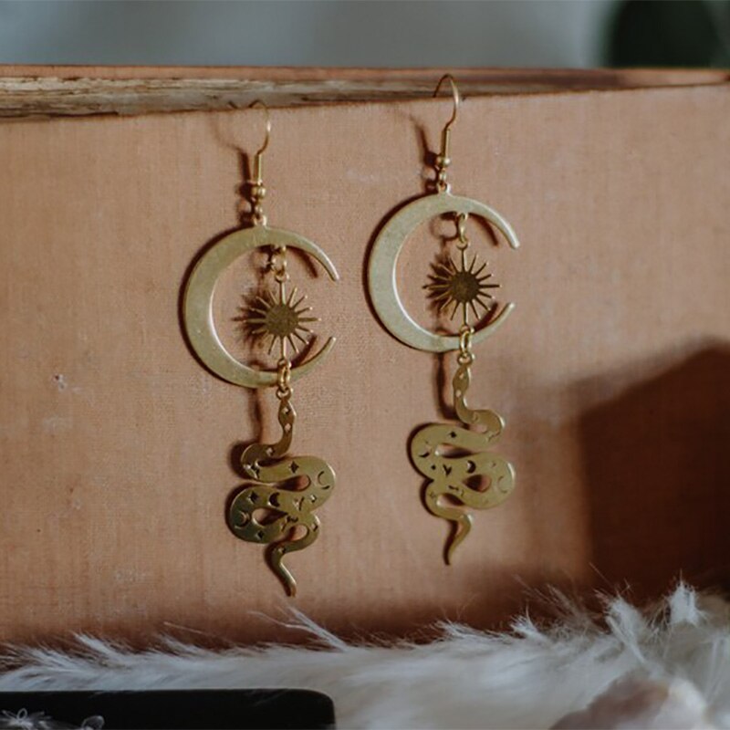 Celestial snake Crescent moon earrings Snake jewelry Witch earrings Enchanted jewellery Unusual Long earrings Witchy vibes